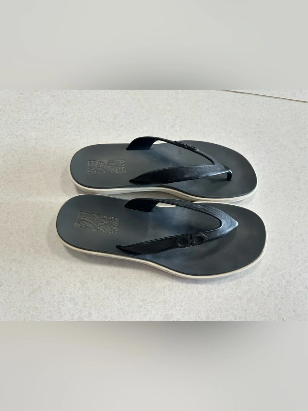 Salvatore Ferragamo Black and White Rubber Flip Flops
